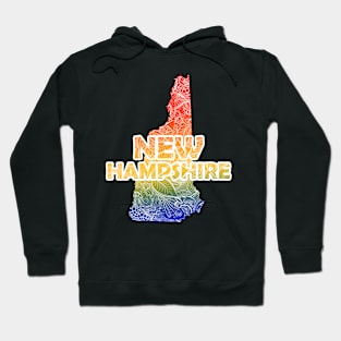 Colorful mandala art map of New Hampshire with text in blue, yellow, and red Hoodie